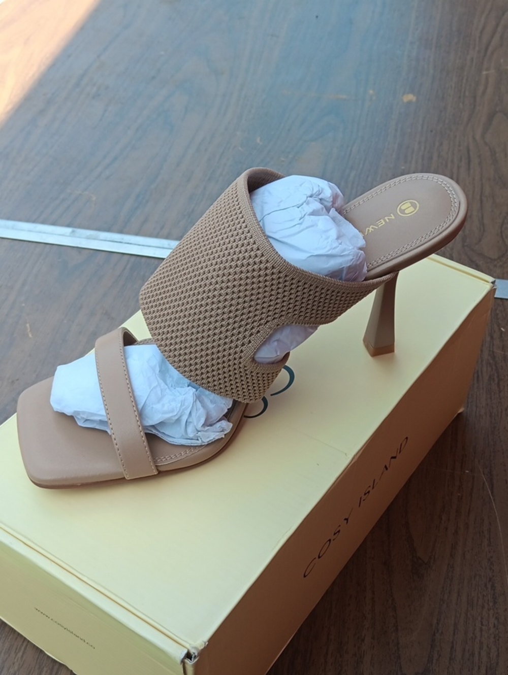 Beige Textured Strap Heeled Mule
